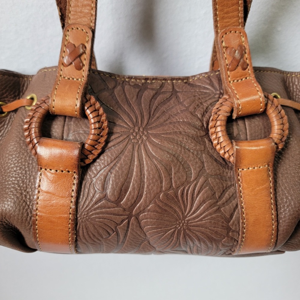 Fossil Brown Leather Floral Embossed Satchel with Tan Straps - Picture 5 of 13